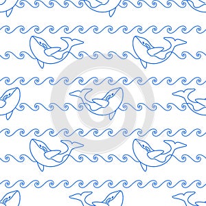 Seamless abstract marine pattern. Blue outline orca whale and blue line waves on white background. Killer whale in ocean, animal