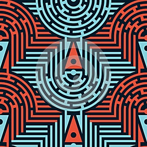 Seamless Abstract Maze Pattern in Blue and Red Colors