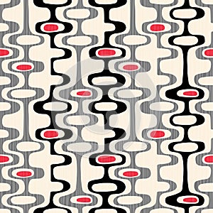 Seamless abstract mid-century modern pattern of organic oval shapes and stripes.