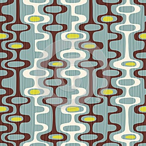 Seamless abstract mid-century modern pattern of organic oval shapes and stripes.