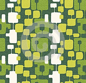 Seamless abstract mid century modern pattern. Retro design of connected overlaying rectangle shapes.