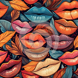 Seamless abstract modernist pattern with stylized female lips photo