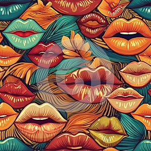 Seamless abstract modernist pattern with stylized female lips photo