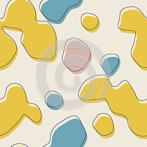 Seamless abstract organic blog shapes in various colors with offset outline surface pattern design for print.