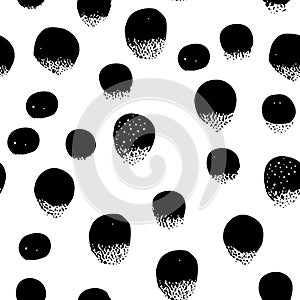 Seamless abstract pattern background, polka dots. Black ink stains on white. Fabric print, vector illustration.