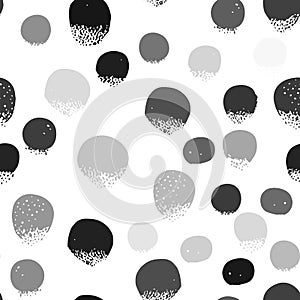 Seamless abstract pattern background, polka dots. Black ink stains on white. Fabric print, vector illustration.