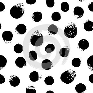 Seamless abstract pattern background, polka dots. Black ink stains on white. Fabric print, vector illustration.