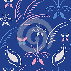Seamless abstract pattern with butterflies on dark blue