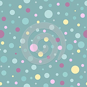 Seamless abstract pattern of circles of different colors and size on turquoise background. Kaleidoscope