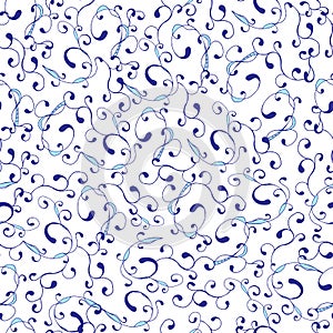 Seamless abstract pattern of curls in the French style. A chaotic blue and white pattern for fabric and tiles