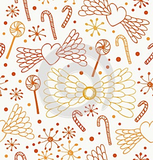 Seamless abstract pattern. Cute lace background with hearts, angel wings, lollipops, sugarplums and snowflakes