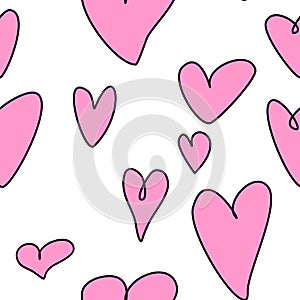 Seamless abstract pattern of different pink contour hearts. Hand drawn doodle background, texture