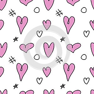 Seamless abstract pattern of different pink hearts and doodles. Freehand scribble background, texture