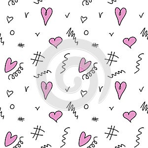 Seamless abstract pattern of different pink hearts and doodles. Freehand scribble background, texture