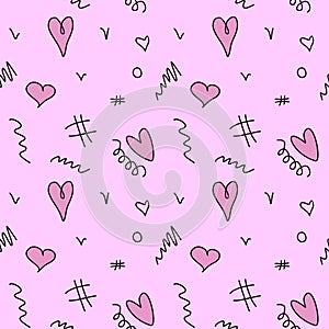 Seamless abstract pattern of different pink hearts and doodles. Freehand scribble background, texture