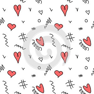 Seamless abstract pattern of different red hearts and doodles. Freehand scribble background, texture
