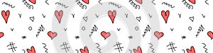 Seamless abstract pattern of different red hearts and doodles. Freehand scribble background, texture