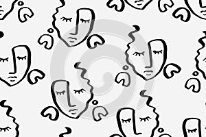 Seamless abstract pattern with face. Modern line art vector background