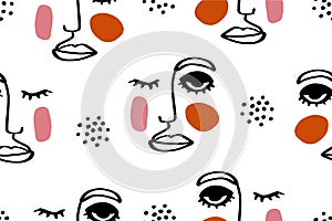 Seamless abstract pattern with face. Modern line art vector background