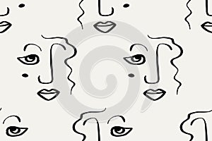 Seamless abstract pattern with face. Modern line art vector background