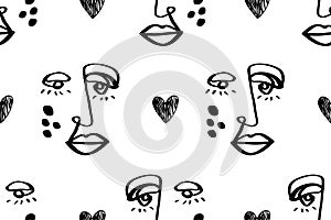 Seamless abstract pattern with face. Modern line art vector background