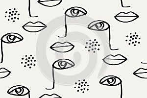 Seamless abstract pattern with face. Modern line art vector background