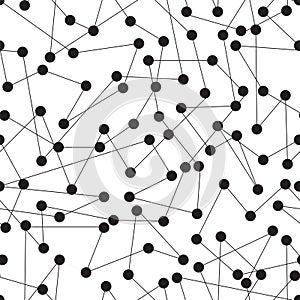A seamless, abstract pattern features interconnected black dots on a white background.