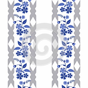 Seamless abstract pattern with flowers ornament on white background with stripes