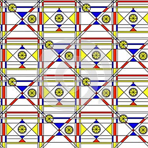 Seamless abstract pattern. Geometric print composed of blue, red, yellow polygon and triangle and black lines on white background.