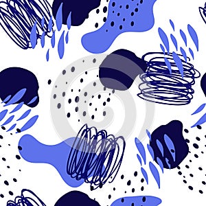 Seamless abstract pattern with hand drawn blue shape and doodle element vector illustration.