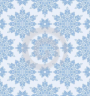 Seamless abstract pattern. Hand drawn texture, Christmas background, snowflake, vector illustration in blue tones.