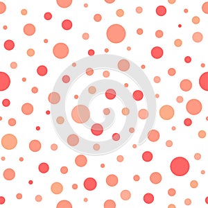 Seamless abstract pattern of little and big red circles and red dots on white background. Kaleidoscope