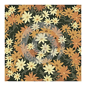 Seamless abstract pattern with multi-colored chamomile flowers in light yellow, orange, maroon and leaves on a dark