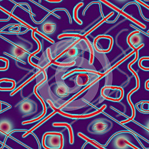 Seamless abstract pattern of neon red-blue doodles.