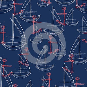 Seamless abstract pattern with sketched red anchor and white sailboat with a navy background.