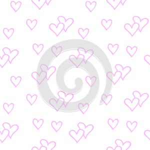 Seamless abstract pattern of small contour pink hearts. Hand drawn doodle background, texture for Valentine\'s day