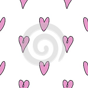 Seamless abstract pattern of small pink contour hearts. Hand drawn doodle background, texture