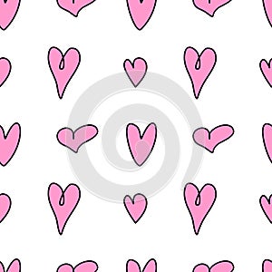 Seamless abstract pattern of small pink contour hearts. Hand drawn doodle background, texture