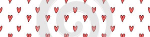 Seamless abstract pattern of small red contour hearts. Hand drawn doodle background, texture for textile, wrapping paper