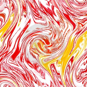 Seamless abstract pattern with wavy and spiraling red and yellow lines and spots on a white background.