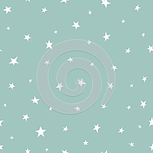 Seamless abstract pattern with white hand drawn stars of different rotation and size. Light green blue