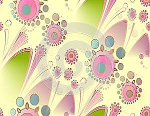 Seamless abstract round flowers with leaves light green pink and purple on pastel yellow diagonally