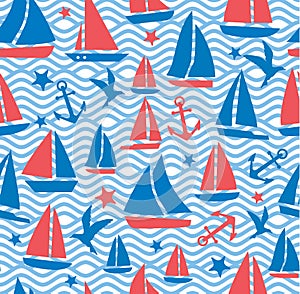 Seamless abstract sea background. Sailboats on a waves. Vector wavy striped pattern.