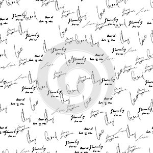 Seamless abstract text pattern. Handwritten font on a white background. Ink on paper