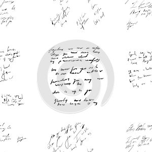 Seamless abstract text pattern. Handwritten font on a white background. Ink on paper