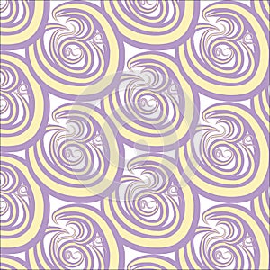 Seamless abstract texture. Purple and yellow circles, swirls on white, hand drawing