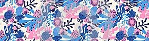 Seamless abstract tropic pattern with palm leaves, tropical flora, leopard.