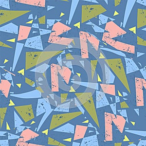 Seamless abstract urban pattern with grunge spots and geometry triangle curved elements