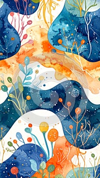 Abstract Watercolor Botanical Pattern with Organic Shapes and Vibrant Colors