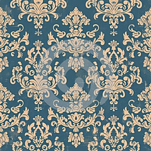 Seamless aged beige and blue damask pattern on a distressed background